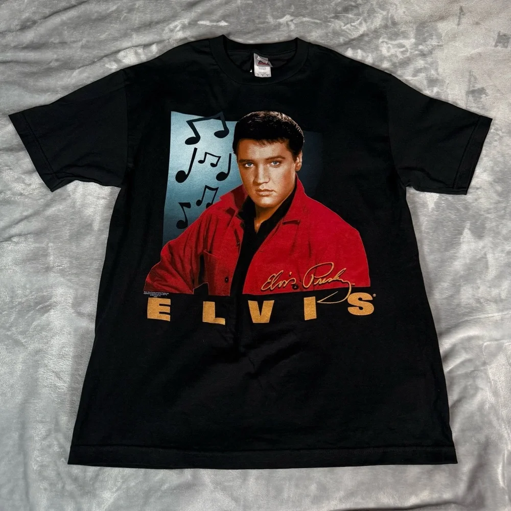 Vintage Elvis Presley Face T Shirt Mens L Slim Tall Fit Black 2002 Y2K